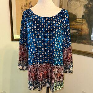 Wilde Boho Peasant Blouse - Blue Multi Contrast Patterns Size Large